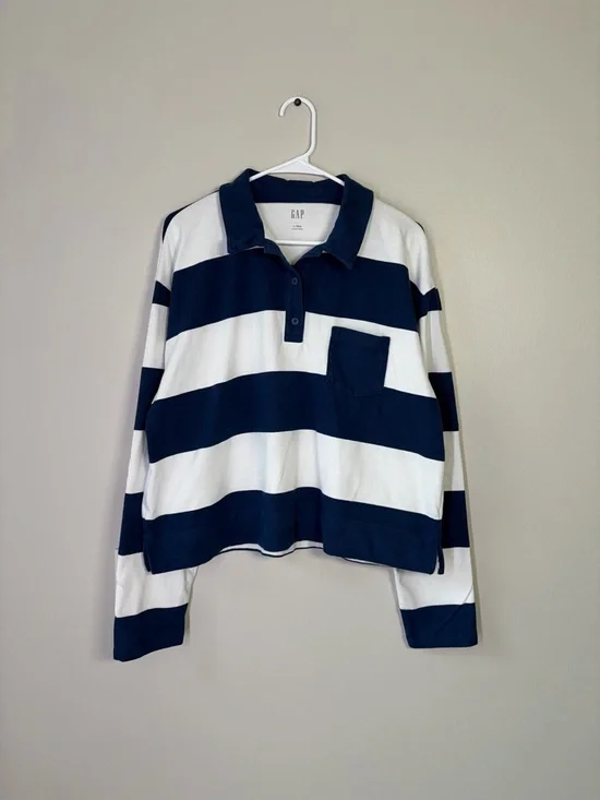 GAP Navy Striped Rugby Polo Shirt Size Large TALL - Picture 2 of 11